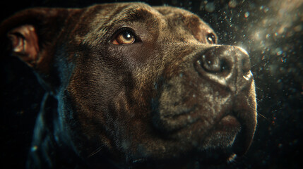 A close-up of a brown dog's face looks upward, illuminated by soft lighting. Fine details of its fur and sparkling dust particles around create a serene ambiance.