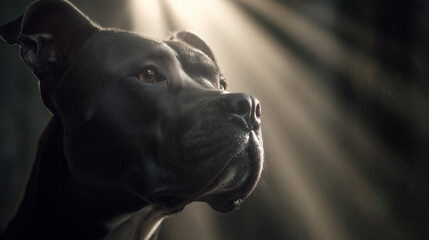 A black dog with an attentive look sits in partial darkness, its head and facial features highlighted by a beam of light surrounding the area with scattered dust particles.