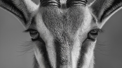 A black and white close-up photo of an antelope head, showing its textured coat, detailed eyes, and horns, centered in frame with a smooth blurred background.