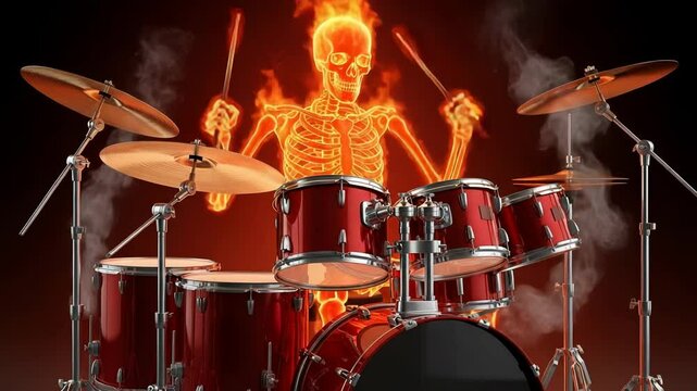 A fiery skeleton passionately plays the drums, creating a hellish rock and roll performance on stage