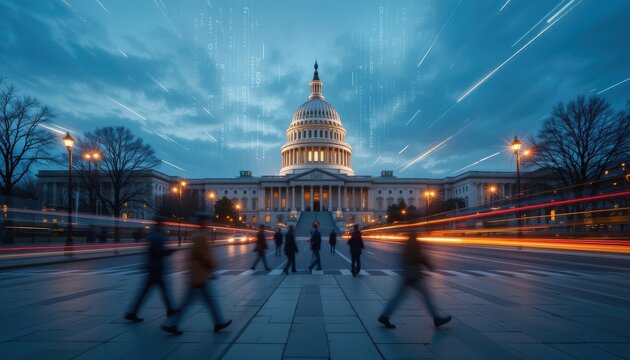 Dynamic depiction of the United States Capitol with digital overlay effect