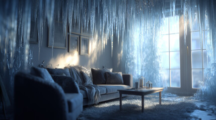 A cozy living room with a sofa, coffee table, and framed pictures on the wall, but the room is frozen with icicles hanging from the ceiling and ice covering the windows.