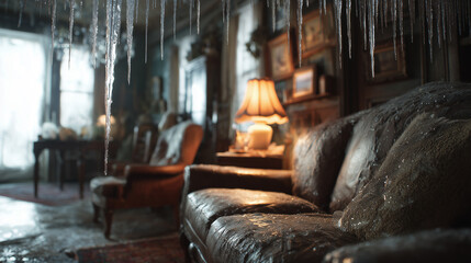A living room with icicles hanging from the ceiling, furniture covered in frost. Soft light from a lamp illuminates the frozen scene, capturing a sense of cold stillness.
