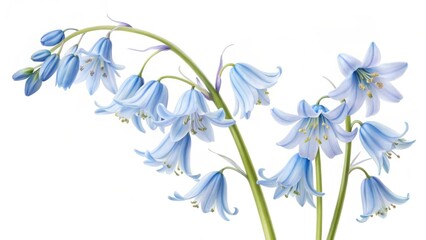 Close up of bluebell flowers with a white background in a botanical illustration style image