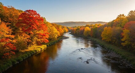 Obraz premium Autumnal landscape with vibrant fall foliage reflecting on a calm river.