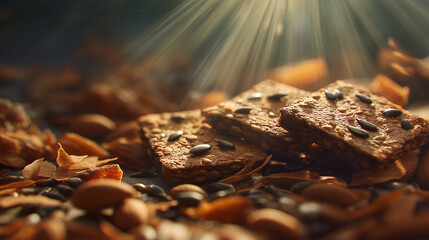 Crackers sprinkled with seeds are surrounded by various nuts and dried fruit. Sunlight casts a warm glow over the assortment, enhancing the texture and details of each item.