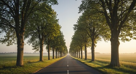 Fototapeta premium A straight road lined with trees extends into a misty morning landscape.