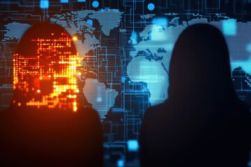Fototapeta premium Engineer network telecom concept. Two silhouettes against a digital world map with glowing data patterns.