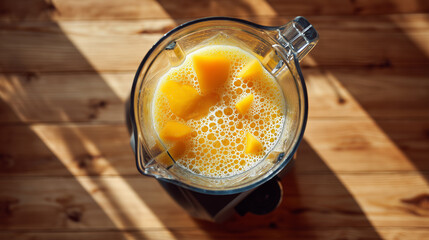 Chunks of mango are submerged in a blender filled with foamy orange juice, ready for blending. Sunlight creates shadows on a wooden surface, highlighting the setup.