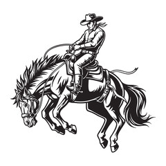 Cowboy Riding a Bucking Bronco Horse Rodeo engraving vector illustration