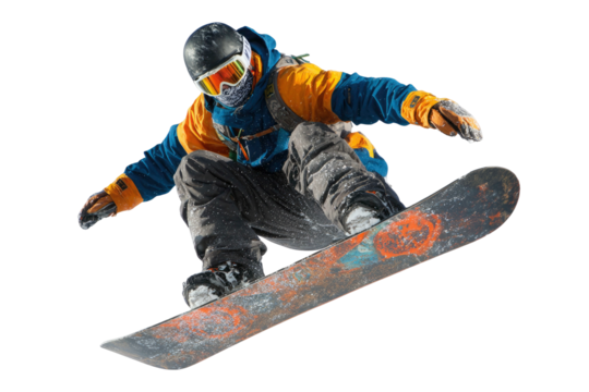 Snowboarder in mid air performing a jump on transparent background