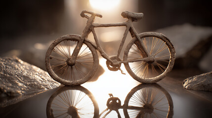 A miniature bicycle sculpture is captured on a reflective surface, with light creating a bright halo around it. Stones are placed nearby, enhancing the sunlight's effects.