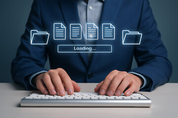 File loading progress interface on screen as businessman types on keyboard showing virtual document upload to secure cloud platform with digital storage and data organization