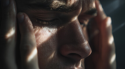 A hand is partially visible, with lighting highlighting its contours against a dark background. The focus is on the fingers and texture of the skin, creating shadows.