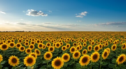Fototapeta premium Vast field of vibrant sunflowers under a bright blue sky with fluffy clouds, a beautiful landscape.