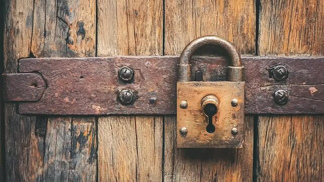 Rusty padlock on weathered wooden door