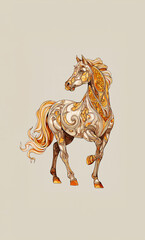 Elegant horse with detailed floral pattern in brown and yellow tones, watercolor vertical horse drawing. Symbol of 2026. Chinese New Year