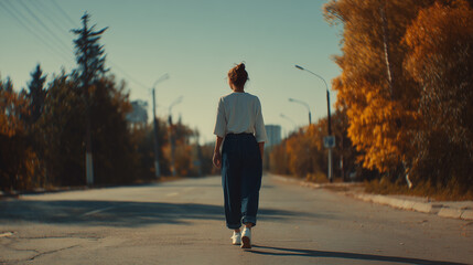 A woman in a white shirt and blue pants walks down an empty street lined with autumn trees. The streetlights and foliage create a peaceful urban scene.