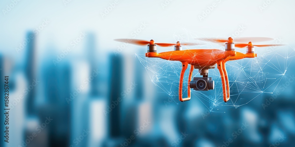 Poster engineer network telecom concept. drone flying over a city skyline with a futuristic design and came