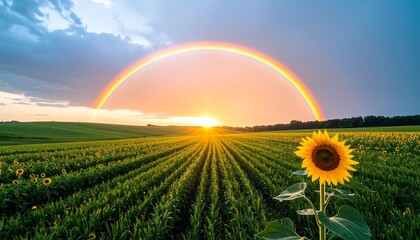 Naklejka premium Sunflowers field at sunset with rainbow