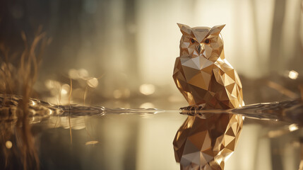 A low-poly owl sculpture made of faceted surfaces is perched by a reflective water surface in a natural setting. The scene is lit with a warm, soft glow.