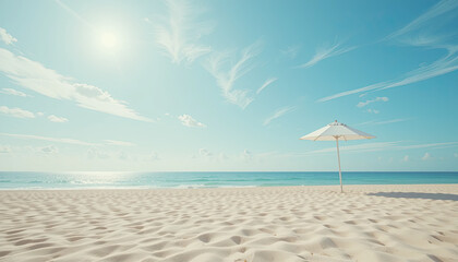 Tropical beach with white sand and sun umbrella under bright blue sky, peaceful summer vacation concept with scenic seascape and sunlight reflections, ideal for travel and lifestyle content
