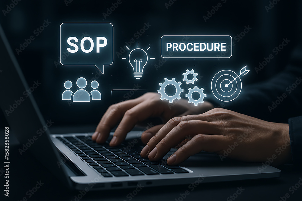 Poster business professional creating procedures and sop process charts on laptop using futuristic icons an