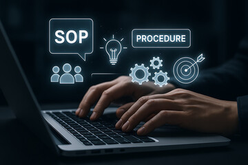 Business professional creating procedures and sop process charts on laptop using futuristic icons and light effects