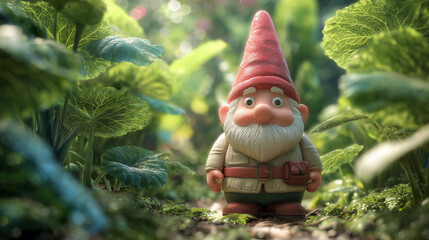 A garden gnome with a red hat stands amidst lush green plants. The setting is bright, with sunlight illuminating the foliage surrounding the gnome.