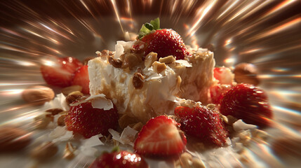 A dessert consisting of strawberries, cream, nuts, and coconut pieces, presented with a dynamic lighting effect to highlight its ingredients and textures.