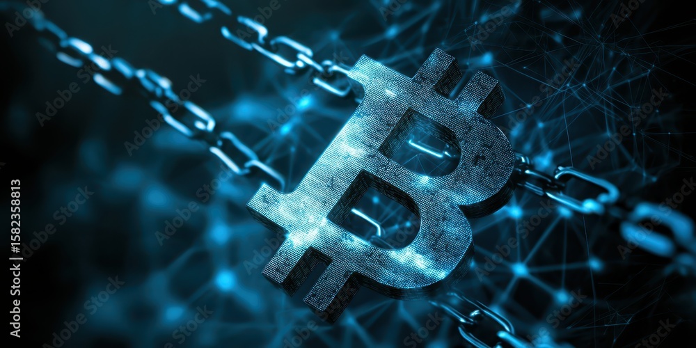 Poster engineer network telecom concept. digital representation of a bitcoin symbol with interconnected cha