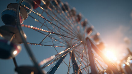 A Ferris wheel captured from a low angle with a warm sun flare effect. The giant wheel structure dominates the scene against a clear blue sky, emphasizing amusement park atmosphere.