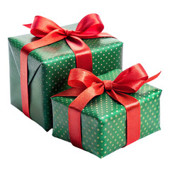 Two beautifully wrapped gifts with green polka dot paper and red ribbons, isolated on transparent background, ready for a christmas celebration