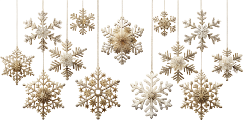 Elegant gold snowflakes hanging as christmas ornaments isolated on transparent background