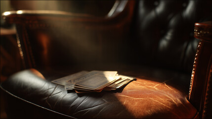 A stack of playing cards rests on a brown leather armchair, illuminated by soft, warm light, creating a setting that suggests casual leisure or contemplation.