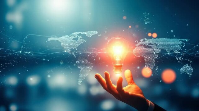 hand holds a glowing light bulb with a world map and network connections in the background, for global ideas, innovation, energy, and interconnected solutions for the world