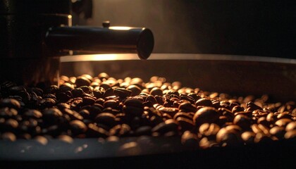 Roasted Coffee Beans: A close-up shot revealing the rich, warm tones of freshly roasted coffee beans tumbling within an industrial roaster, evoking the enticing aroma and the art of coffee-making.