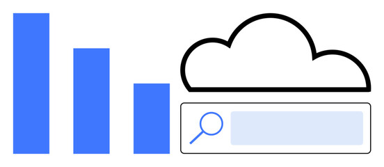 Bar chart representing data insights alongside a search bar and cloud icon for analytics, technology, cloud computing, data management, digital transformation, research, and simple landing page