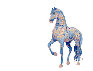 Elegant horse with detailed floral pattern in blue and yellow tones on white background, watercolor horse drawing with copy space. Symbol of 2026. Chinese New Year