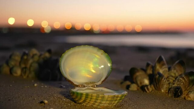 Iridescent shell on a sandy beach dusk Soft bokeh lights in the background