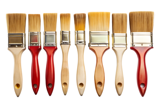 A diverse collection of paintbrushes with wooden handles isolated on transparent background, showcasing a variety of sizes and shapes for artistic expression