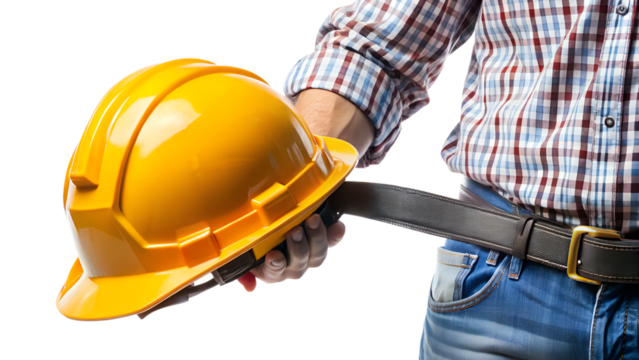 A construction worker holding a yellow hard hat isolated on transparent background, symbolizing safety and protection in the workplace