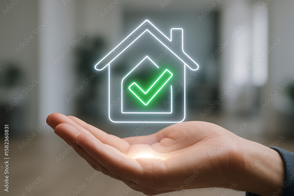 Poster smart home check with green verification icon hovering above hand for futuristic digital property au