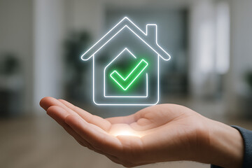 Smart home check with green verification icon hovering above hand for futuristic digital property authentication and real estate ownership approval visual concept