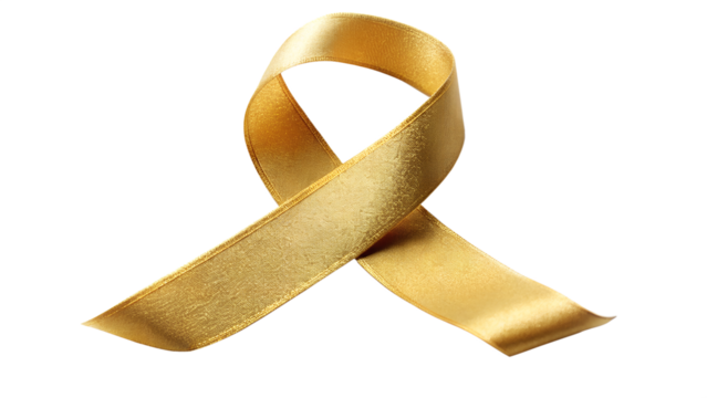A golden awareness ribbon isolated on transparent background symbolizes support and hope