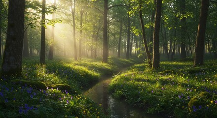 Obraz premium Sunbeams filter through the trees in a lush forest, illuminating a small stream flowing through vibrant green vegetation.