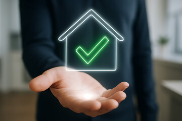 Real estate verification approved using futuristic holographic interface with home checkmark concept for property validation ownership mortgage insurance and housing security confirmation process
