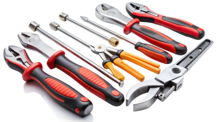 A collection of various wrenches and pliers is isolated on a transparent background