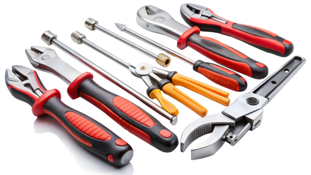 A collection of various wrenches and pliers is isolated on a transparent background