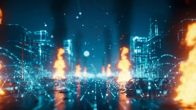 digital city street at night is engulfed in virtual flames and interconnected by glowing data lines, for a cyber-attack, digital disruption, or a catastrophic technological event